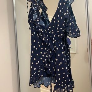 LPA Revolve polka dot mini ruffled wrap dress